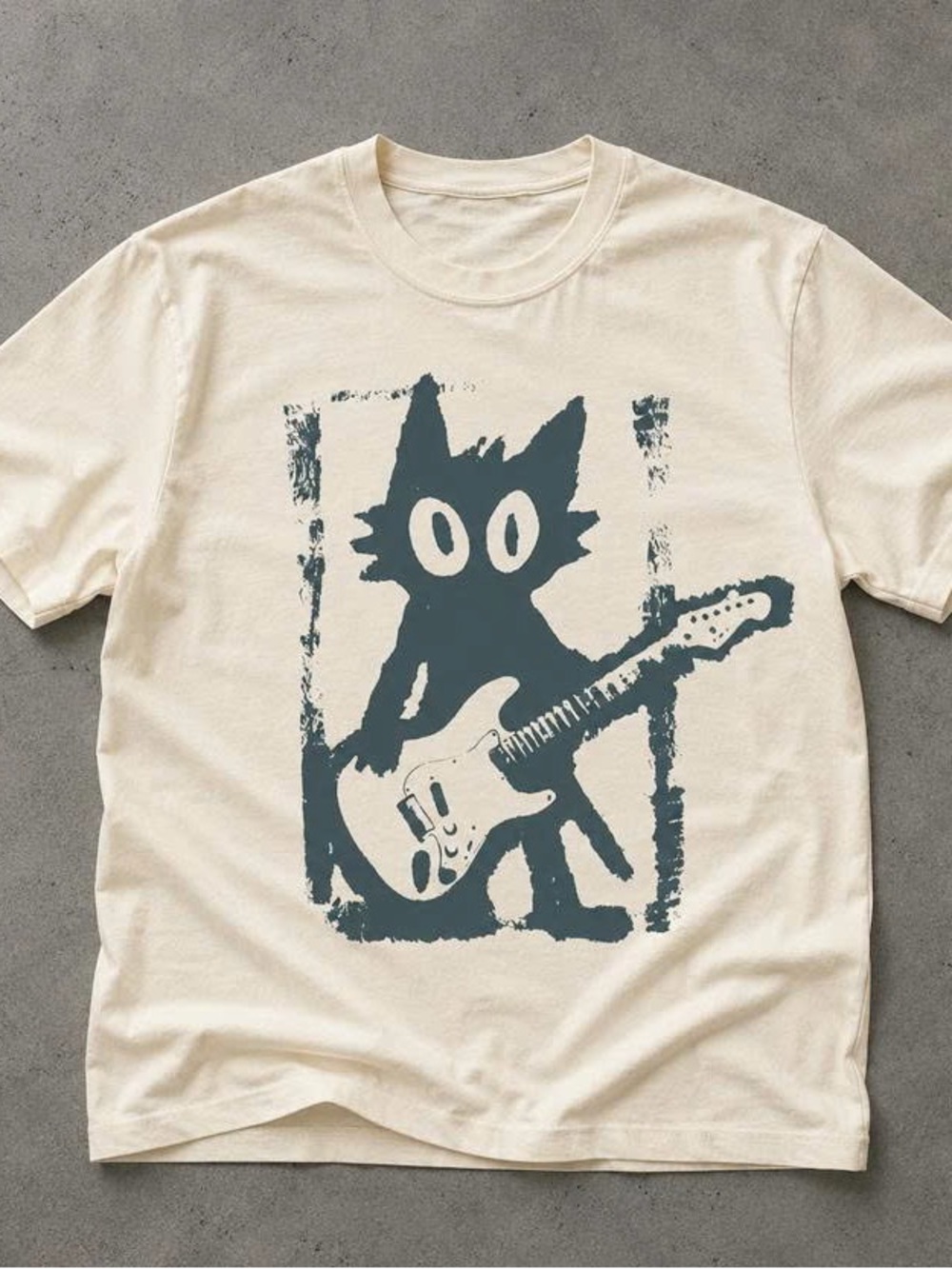Cream Graphic Tee with Dark Teal Cat Guitar Print